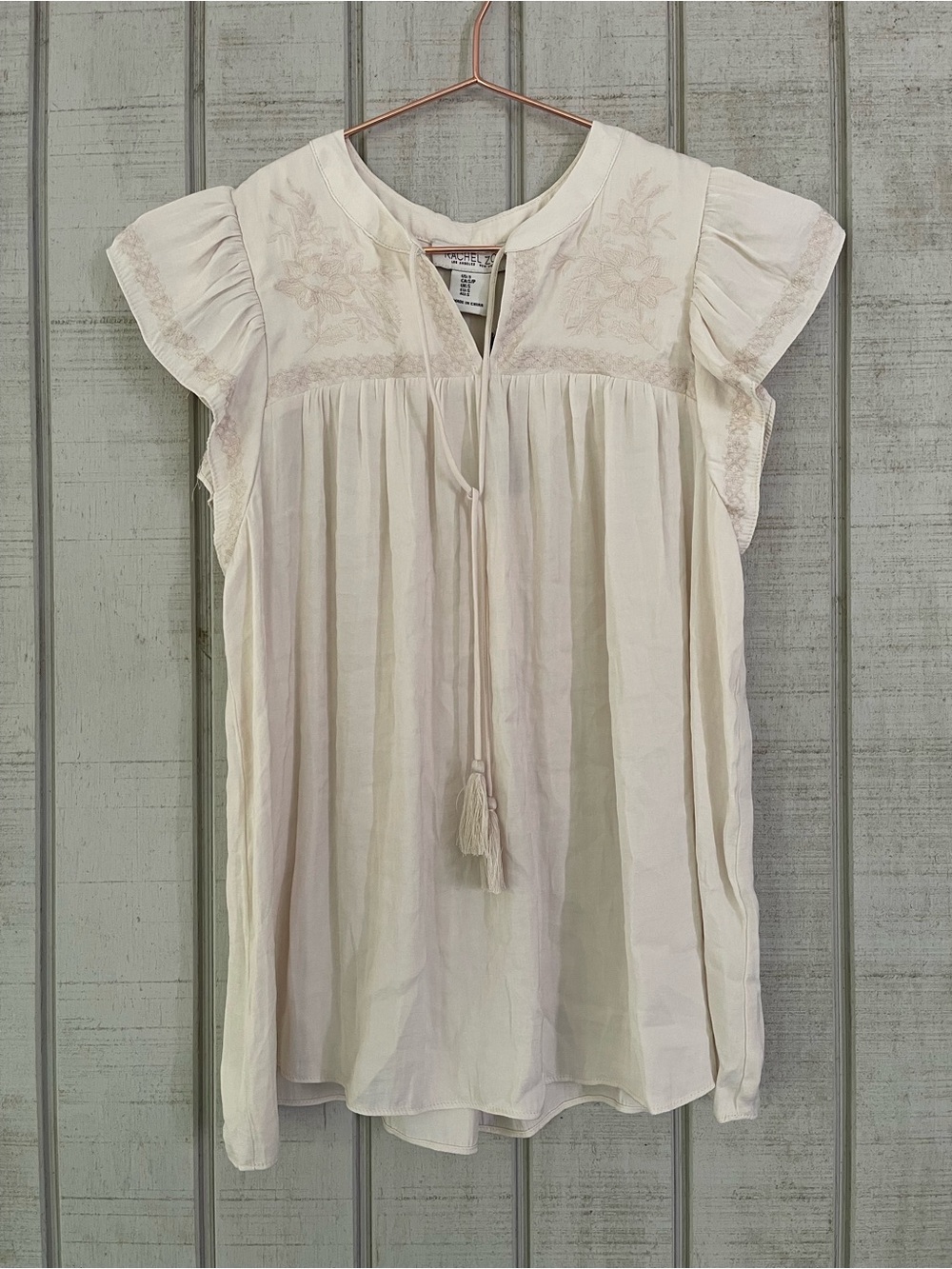 Rachel Zoe Cream Floral Embroidered Flutter Sleeve Tassel Blouse S NWT Boho
